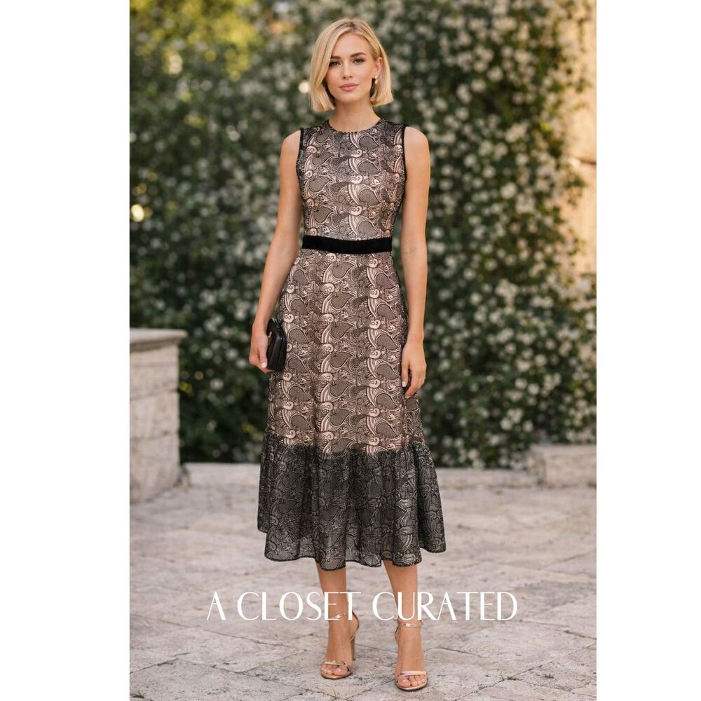 Perseverance London Lace Tiered Midi Dress 6 Pink Black NEW